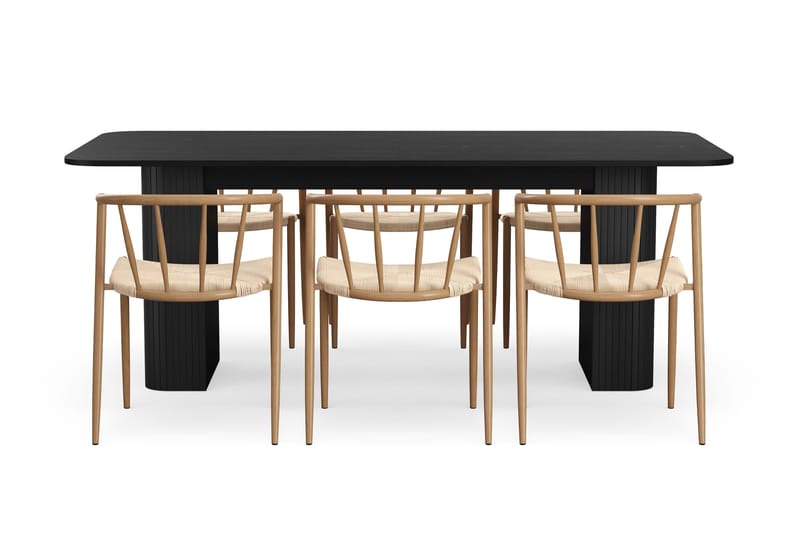 Kopparbo Spisebord 200-260 cm Uttrekkbart med 6 Winston Spisestoler - Svart / Beige / Metallben Eik - Møbler - Bord - Spisegruppe