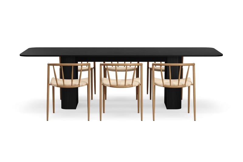Kopparbo Spisebord 200-260 cm Uttrekkbart med 6 Winston Spisestoler - Svart / Beige / Metallben Eik - Møbler - Bord - Spisegruppe