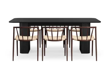 Kopparbo Spisebord 200-260 cm Uttrekkbart med 6 Winston Spisestoler - Svart / Beige / Metallben Røkt eik - Møbler - Bord - Spisegruppe