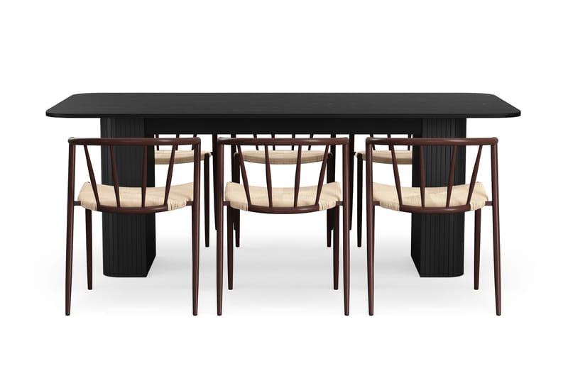 Kopparbo Spisebord 200-260 cm Uttrekkbart med 6 Winston Spisestoler - Svart / Beige / Metallben Røkt eik - Møbler - Bord - Spisegruppe