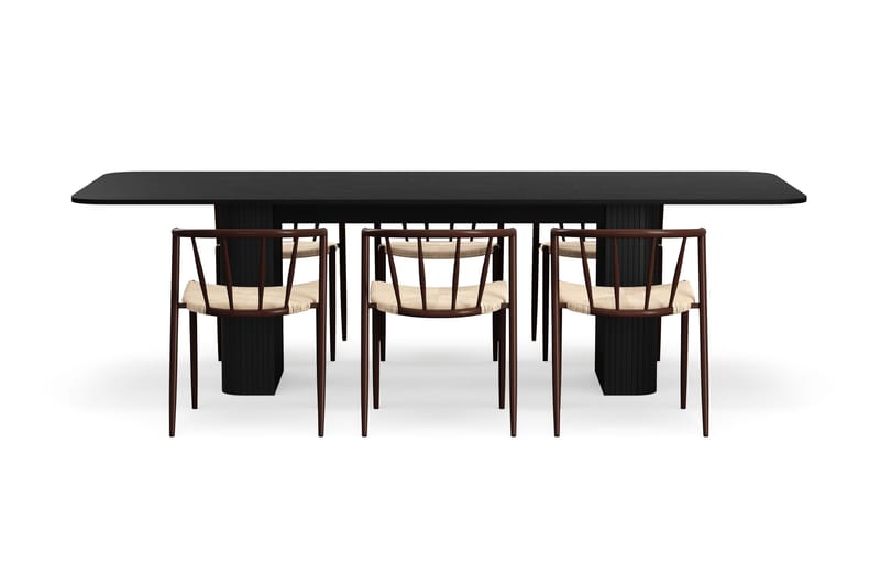 Kopparbo Spisebord 200-260 cm Uttrekkbart med 6 Winston Spisestoler - Svart / Beige / Metallben Røkt eik - Møbler - Bord - Spisegruppe