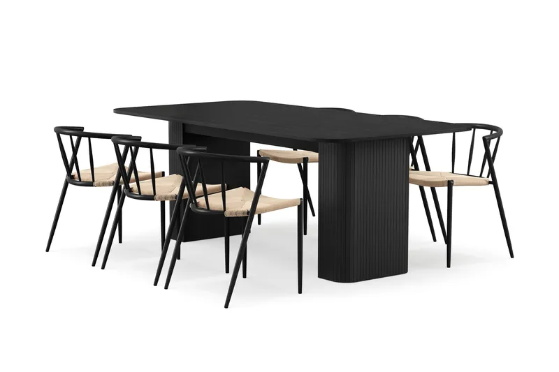 Kopparbo Spisebord 200-260 cm Uttrekkbart med 6 Winston Spisestoler, Svart / Beige / Metallben Svart