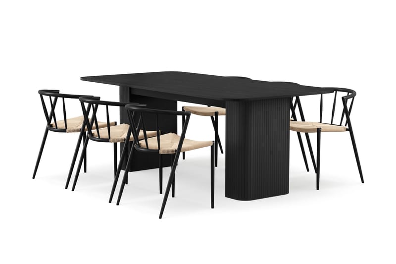 Kopparbo Spisebord 200-260 cm Uttrekkbart med 6 Winston Spisestoler, Svart / Beige / Metallben Svart