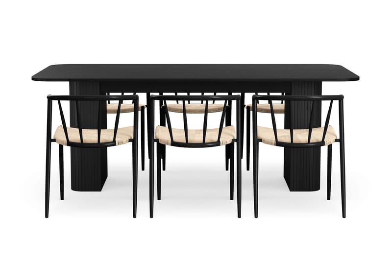 Kopparbo Spisebord 200-260 cm Uttrekkbart med 6 Winston Spisestoler - Svart / Beige / Metallben Svart - Møbler - Bord - Spisegruppe
