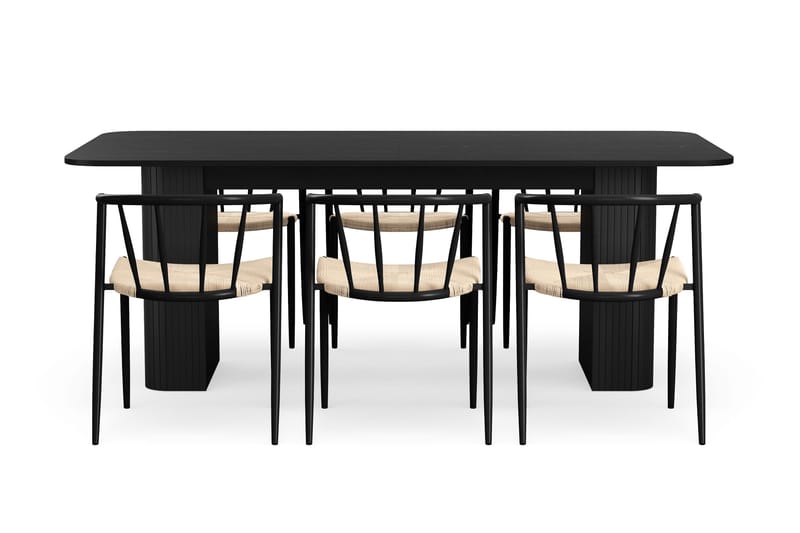 Kopparbo Spisebord 200-260 cm Uttrekkbart med 6 Winston Spisestoler - Svart / Beige / Metallben Svart - Møbler - Bord - Spisegruppe