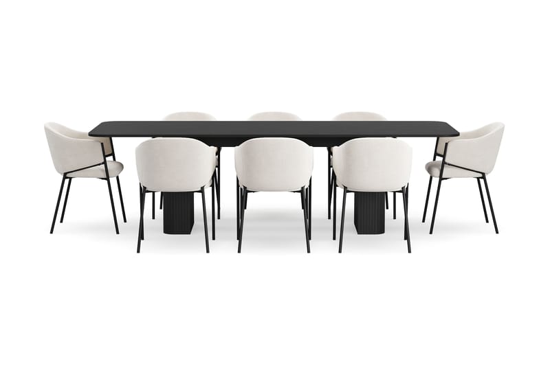 Kopparbo Spisebord 200-260 cm Uttrekkbart med 8 Filip Spisestoler - Svart / Hvit Bouclé - Møbler - Bord - Spisegruppe