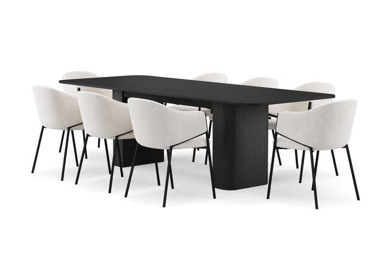 Kopparbo Spisebord 200-260 cm Uttrekkbart med 8 Filip Spisestoler, Svart / Hvit Bouclé