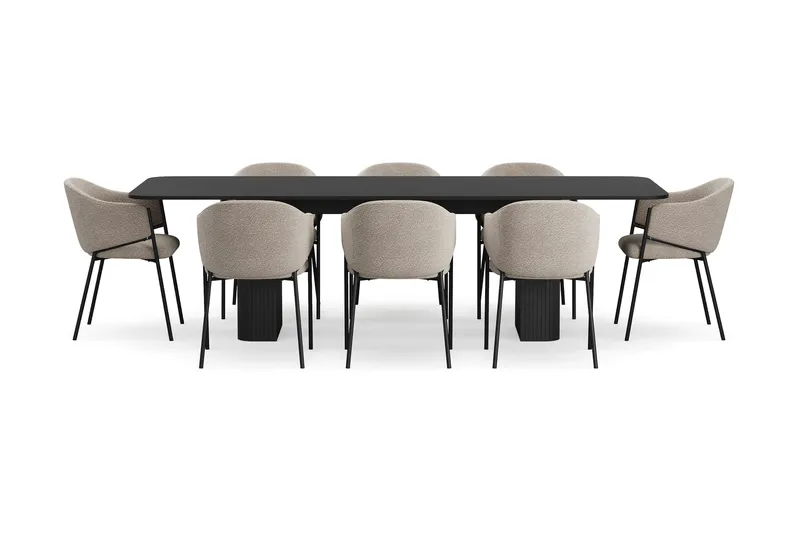 Kopparbo Spisebord 200-260 cm Uttrekkbart med 8 Filip Spisestoler - Svart / Taupe Bouclé - Møbler - Bord - Spisegruppe
