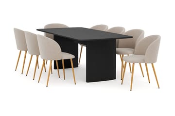Kopparbo Spisebord 200-260 cm Uttrekkbart med 8 Greya Spisestoler med armlener - Svart / Greige Bouclé / Metallben Eik - Møbler - Bord - Spisegruppe
