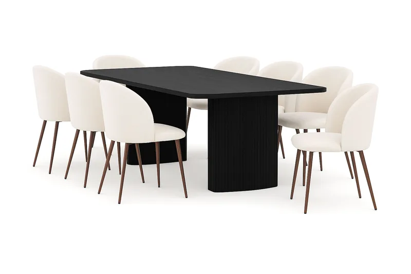 Kopparbo Spisebord 200-260 cm Uttrekkbart med 8 Greya Spisestoler med armlener, Svart / Hvit Bouclé / Metallben Valnøtt