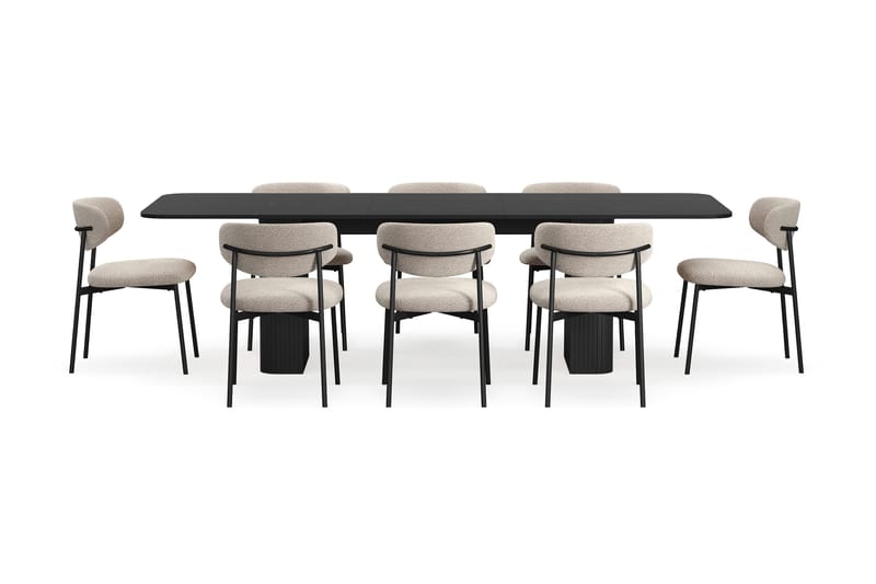 Kopparbo Spisebord 200-260 cm Uttrekkbart med 8 Lucy Spisestoler - Svart / Greige Bouclé / Metallben Svart - Møbler - Bord - Spisegruppe