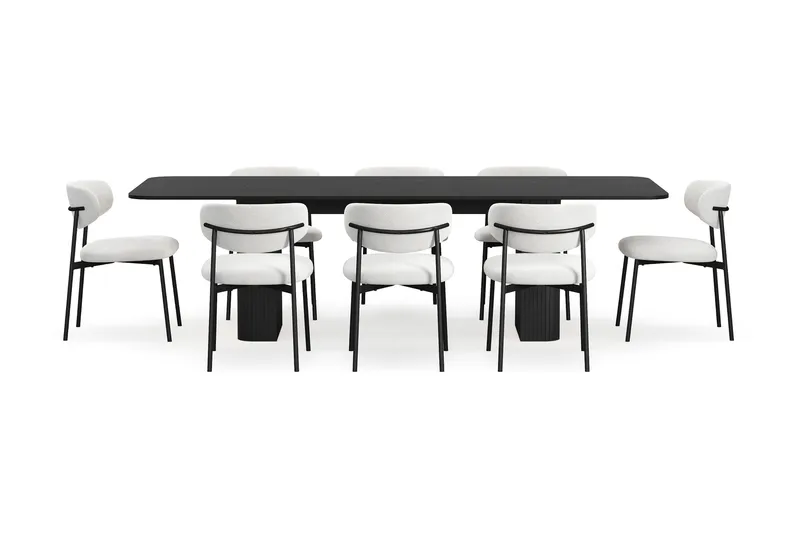 Kopparbo Spisebord 200-260 cm Uttrekkbart med 8 Lucy Spisestoler - Svart / Hvit Bouclé / Metallben Svart - Møbler - Bord - Spisegruppe