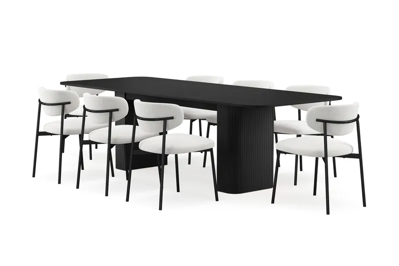 Kopparbo Spisebord 200-260 cm Uttrekkbart med 8 Lucy Spisestoler, Svart / Hvit Bouclé / Metallben Svart