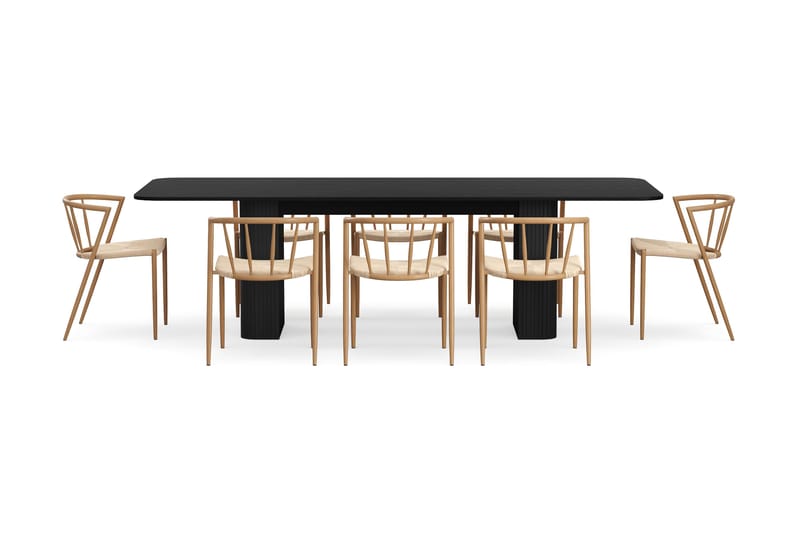 Kopparbo Spisebord 200-260 cm Uttrekkbart med 8 Winston Spisestoler - Svart / Beige / Metallben Eik - Møbler - Bord - Spisegruppe
