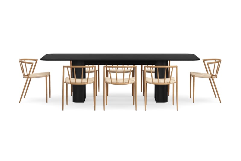 Kopparbo Spisebord 200-260 cm Uttrekkbart med 8 Winston Spisestoler - Svart / Beige / Metallben Eik - Møbler - Bord - Spisegruppe