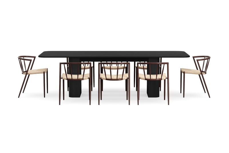 Kopparbo Spisebord 200-260 cm Uttrekkbart med 8 Winston Spisestoler - Svart / Beige / Metallben Røkt eik - Møbler - Bord - Spisegruppe