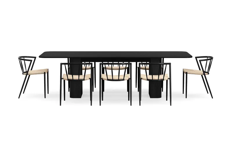 Kopparbo Spisebord 200-260 cm Uttrekkbart med 8 Winston Spisestoler - Svart / Beige / Metallben Svart - Møbler - Bord - Spisegruppe
