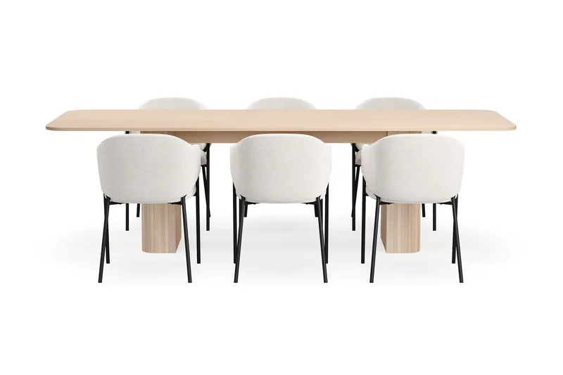 Kopparbo Spisebord 200-260 cm Uttrekkbart med ileggsplate med 6 Filip Spisestoler - Hvit / Hvit Bouclé - Møbler - Bord - Spisegruppe