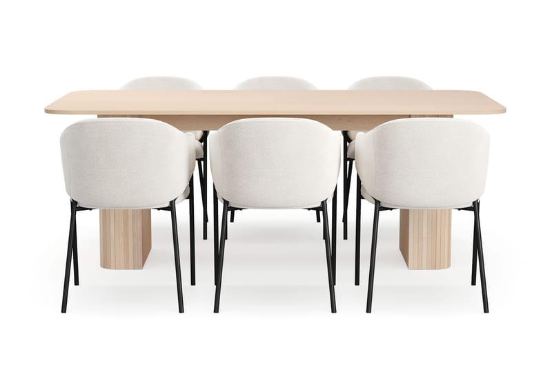Kopparbo Spisebord 200-260 cm Uttrekkbart med ileggsplate med 6 Filip Spisestoler - Hvit / Hvit Bouclé - Møbler - Bord - Spisegruppe