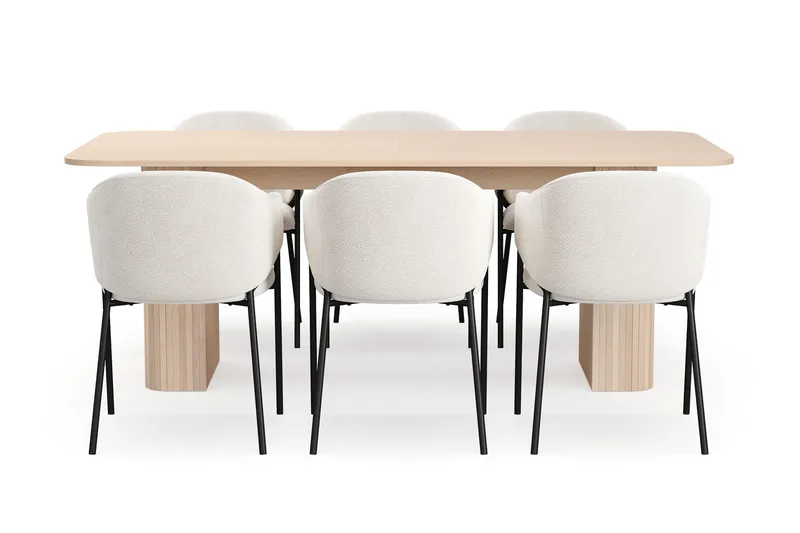 Kopparbo Spisebord 200-260 cm Uttrekkbart med ileggsplate med 6 Filip Spisestoler - Hvit / Hvit Bouclé - Møbler - Bord - Spisegruppe