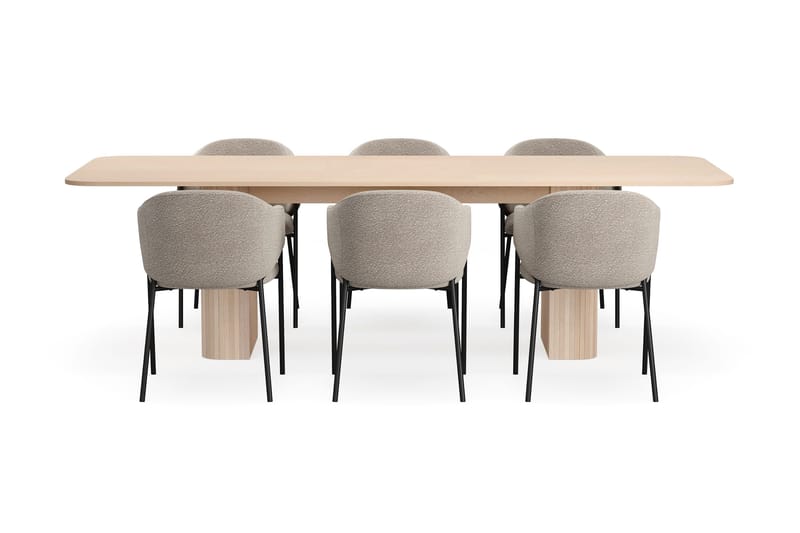 Kopparbo Spisebord 200-260 cm Uttrekkbart med ileggsplate med 6 Filip Spisestoler - Hvit / Taupe Bouclé - Møbler - Bord - Spisegruppe