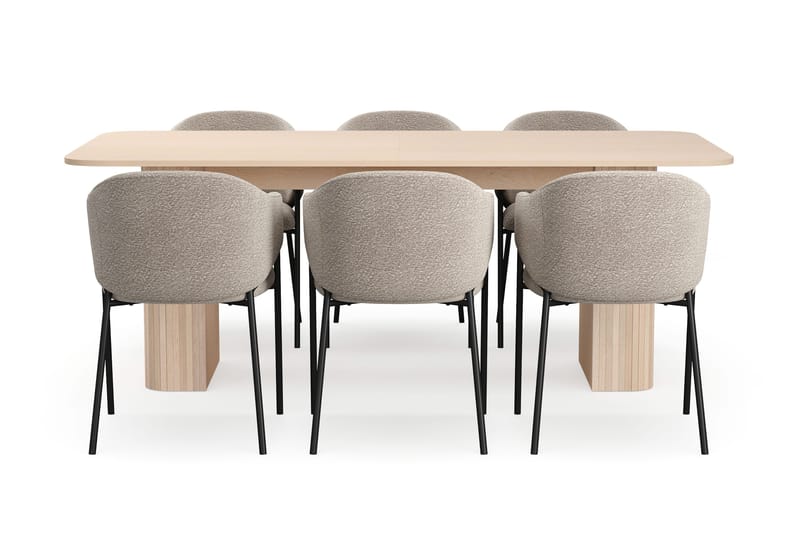 Kopparbo Spisebord 200-260 cm Uttrekkbart med ileggsplate med 6 Filip Spisestoler - Hvit / Taupe Bouclé - Møbler - Bord - Spisegruppe