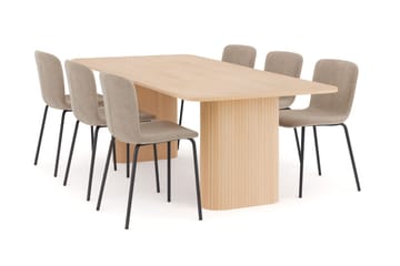 Kopparbo Spisebord 200-260 cm Uttrekkbart med ileggsplate med 6 Katy Spisestoler - Hvit / Greige Bouclé / Metallben Svart - Møbler - Bord - Spisegruppe