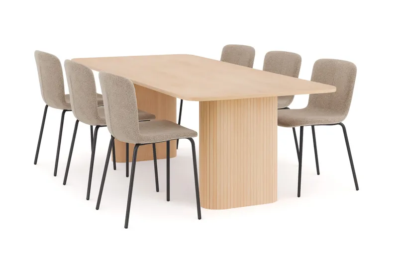 Kopparbo Spisebord 200-260 cm Uttrekkbart med ileggsplate med 6 Katy Spisestoler, Hvit / Greige Bouclé / Metallben Svart