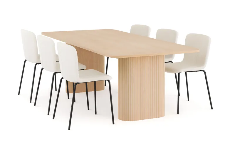 Kopparbo Spisebord 200-260 cm Uttrekkbart med ileggsplate med 6 Katy Spisestoler, Hvit / Hvit Bouclé / Metallben Svart