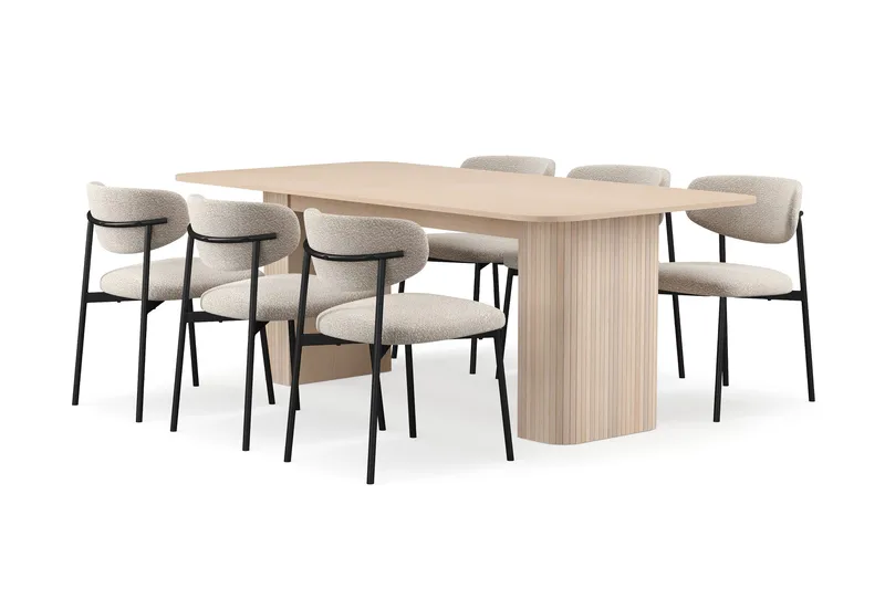 Kopparbo Spisebord 200-260 cm Uttrekkbart med ileggsplate med 6 Lucy Spisestoler, Hvit / Greige Bouclé / Metallben Svart