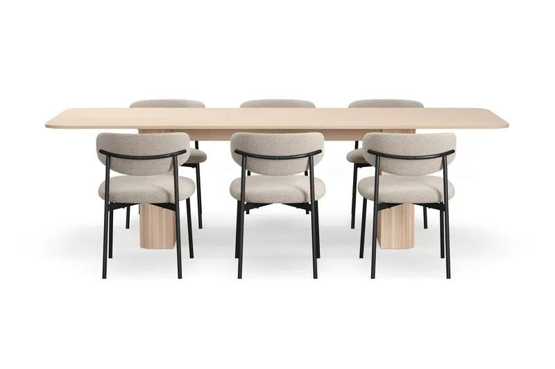 Kopparbo Spisebord 200-260 cm Uttrekkbart med ileggsplate med 6 Lucy Spisestoler - Hvit / Greige Bouclé / Metallben Svart - Møbler - Bord - Spisegruppe