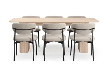 Kopparbo Spisebord 200-260 cm Uttrekkbart med ileggsplate med 6 Lucy Spisestoler - Hvit / Greige Bouclé / Metallben Svart - Møbler - Bord - Spisegruppe