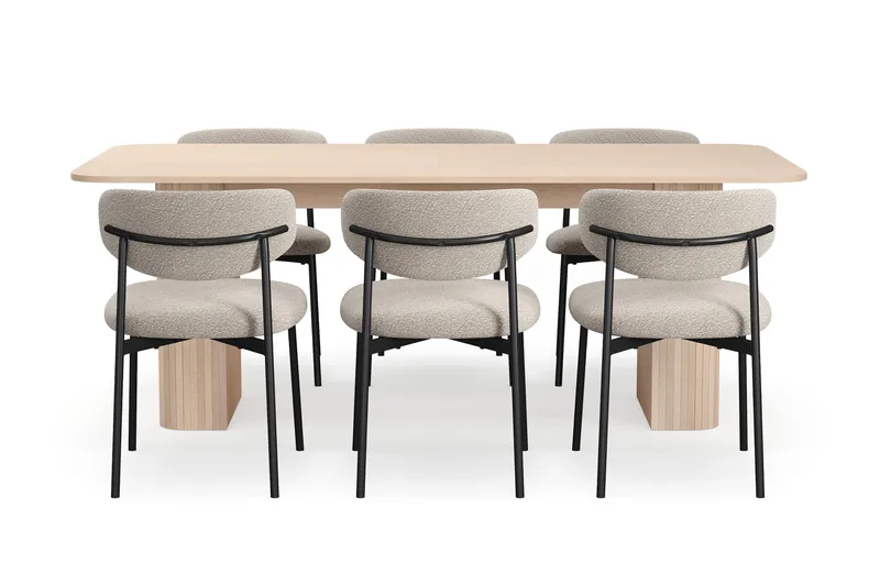 Kopparbo Spisebord 200-260 cm Uttrekkbart med ileggsplate med 6 Lucy Spisestoler - Hvit / Greige Bouclé / Metallben Svart - Møbler - Bord - Spisegruppe