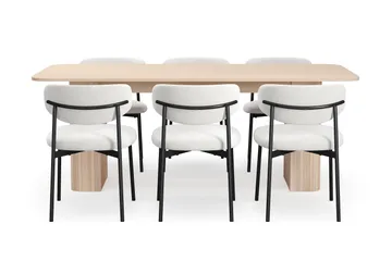 Kopparbo Spisebord 200-260 cm Uttrekkbart med ileggsplate med 6 Lucy Spisestoler - Hvit / Hvit Bouclé / Metallben Svart - Møbler - Bord - Spisegruppe