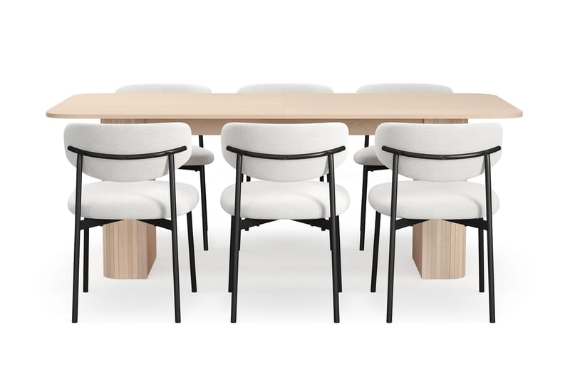 Kopparbo Spisebord 200-260 cm Uttrekkbart med ileggsplate med 6 Lucy Spisestoler - Hvit / Hvit Bouclé / Metallben Svart - Møbler - Bord - Spisegruppe