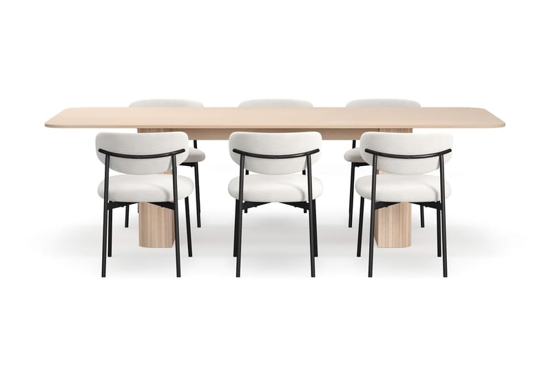 Kopparbo Spisebord 200-260 cm Uttrekkbart med ileggsplate med 6 Lucy Spisestoler - Hvit / Hvit Bouclé / Metallben Svart - Møbler - Bord - Spisegruppe