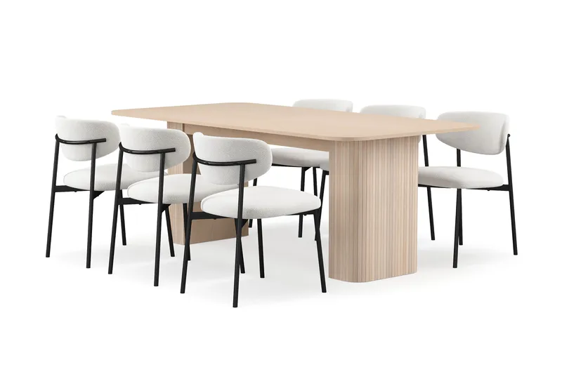 Kopparbo Spisebord 200-260 cm Uttrekkbart med ileggsplate med 6 Lucy Spisestoler, Hvit / Hvit Bouclé / Metallben Svart