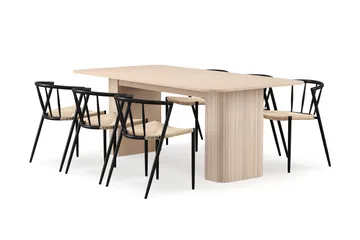 Kopparbo Spisebord 200-260 cm Uttrekkbart med ileggsplate med 6 Winston Spisestoler - Hvit / Beige / Metallben Svart - Møbler - Bord - Spisegruppe