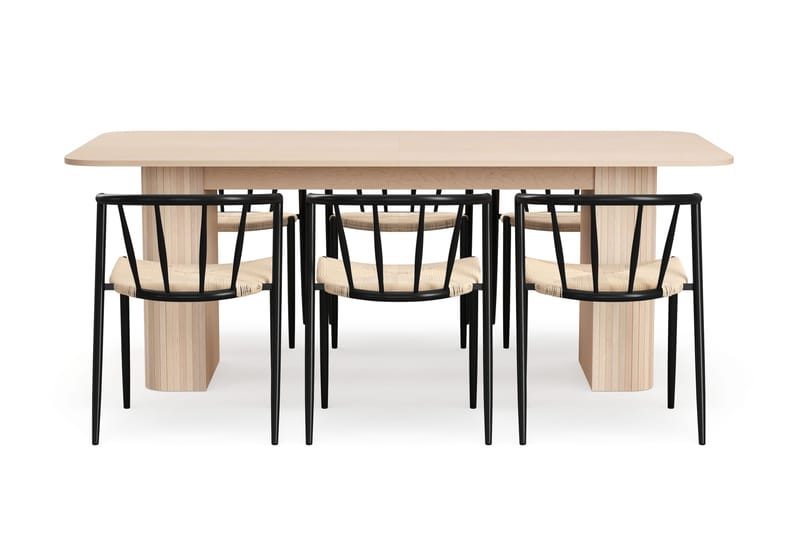 Kopparbo Spisebord 200-260 cm Uttrekkbart med ileggsplate med 6 Winston Spisestoler - Hvit / Beige / Metallben Svart - Møbler - Bord - Spisegruppe