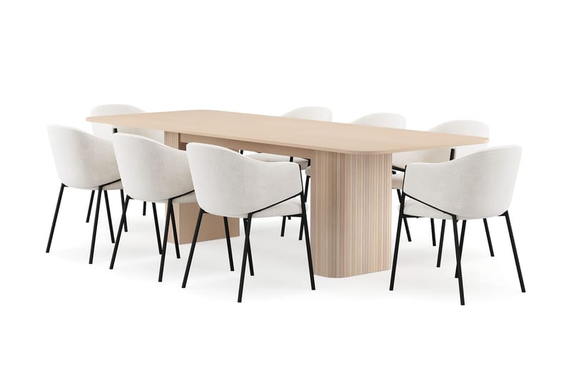 Kopparbo Spisebord 200-260 cm Uttrekkbart med ileggsplate med 8 Filip Spisestoler, Hvit / Hvit Bouclé