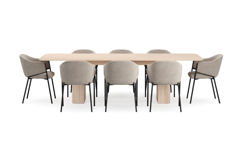 Kopparbo Spisebord 200-260 cm Uttrekkbart med ileggsplate med 8 Filip Spisestoler - Hvit / Taupe Bouclé - Møbler - Bord - Spisegruppe