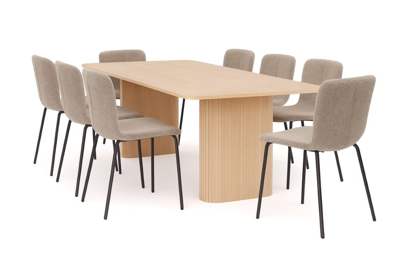 Kopparbo Spisebord 200-260 cm Uttrekkbart med ileggsplate med 8 Katy Spisestoler, Hvit / Greige Bouclé / Metallben Svart