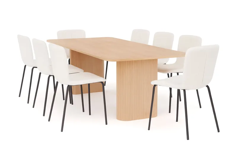 Kopparbo Spisebord 200-260 cm Uttrekkbart med ileggsplate med 8 Katy Spisestoler, Hvit / Hvit Bouclé / Metallben Svart