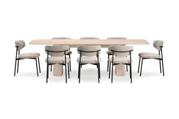 Kopparbo Spisebord 200-260 cm Uttrekkbart med ileggsplate med 8 Lucy Spisestoler - Hvit / Greige Bouclé / Metallben Svart - Møbler - Bord - Spisegruppe