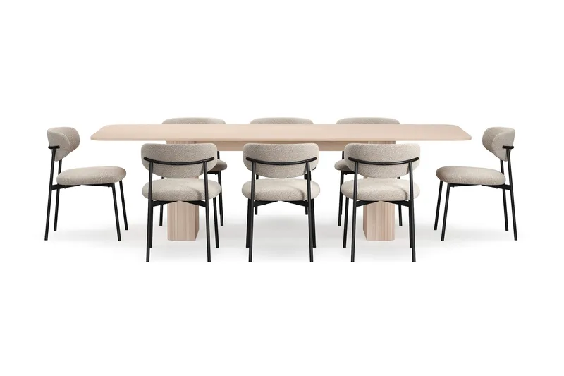 Kopparbo Spisebord 200-260 cm Uttrekkbart med ileggsplate med 8 Lucy Spisestoler - Hvit / Greige Bouclé / Metallben Svart - Møbler - Bord - Spisegruppe