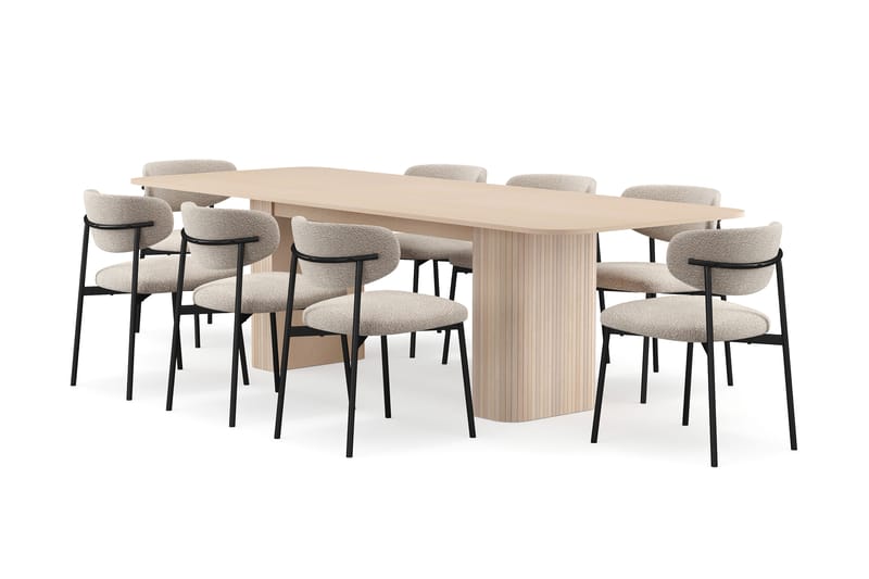 Kopparbo Spisebord 200-260 cm Uttrekkbart med ileggsplate med 8 Lucy Spisestoler, Hvit / Greige Bouclé / Metallben Svart