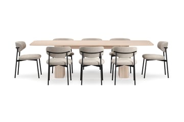 Kopparbo Spisebord 200-260 cm Uttrekkbart med ileggsplate med 8 Lucy Spisestoler - Hvit / Greige Bouclé / Metallben Svart - Møbler - Bord - Spisegruppe