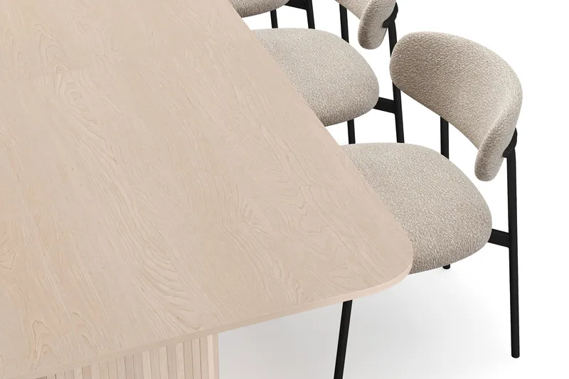 Kopparbo Spisebord 200-260 cm Uttrekkbart med ileggsplate med 8 Lucy Spisestoler - Hvit / Greige Bouclé / Metallben Svart - Møbler - Bord - Spisegruppe