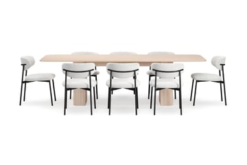 Kopparbo Spisebord 200-260 cm Uttrekkbart med ileggsplate med 8 Lucy Spisestoler - Hvit / Hvit Bouclé / Metallben Svart - Møbler - Bord - Spisegruppe