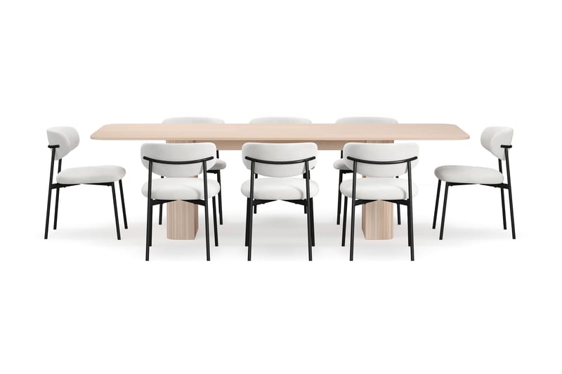 Kopparbo Spisebord 200-260 cm Uttrekkbart med ileggsplate med 8 Lucy Spisestoler - Hvit / Hvit Bouclé / Metallben Svart - Møbler - Bord - Spisegruppe
